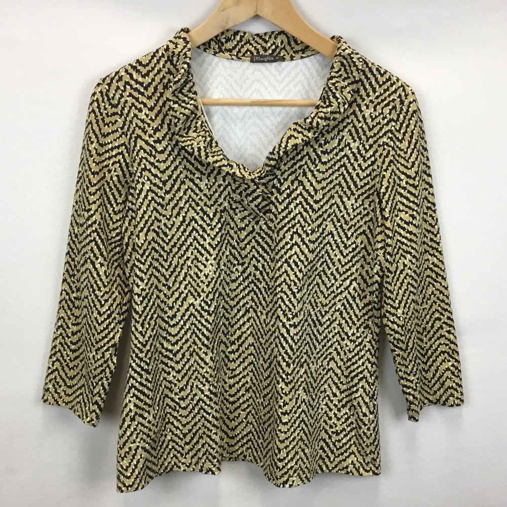 J. McLaughlin Chevron Pattern Ruffle Neck Blouse Top Sz M Catalina Cloth Preppy
